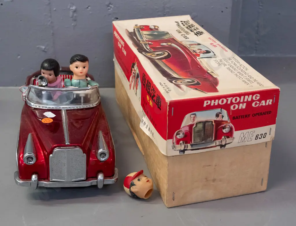 retro Chinese battery powered tin toy car with passengers, lights and sounds untested, but battery compartment is clean, Image 1++