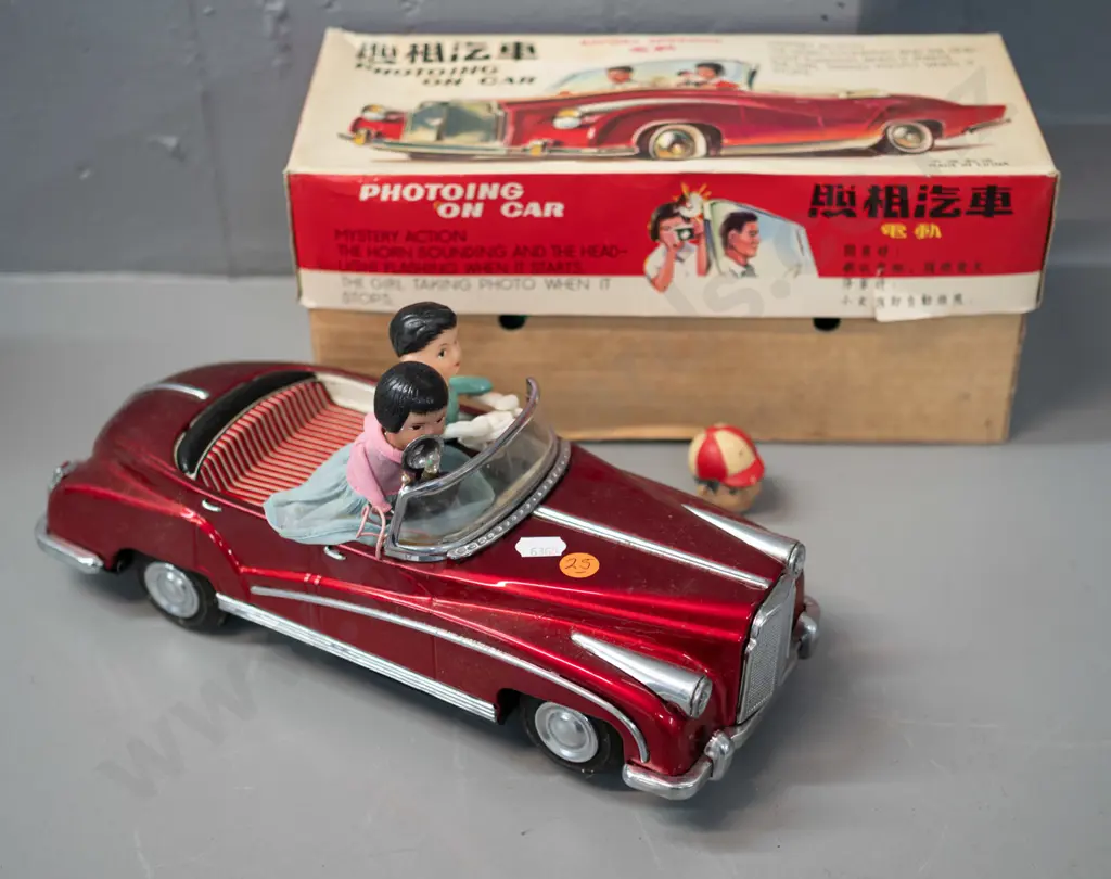 retro Chinese battery powered tin toy car with passengers, lights and sounds untested, but battery compartment is clean, Image 1++