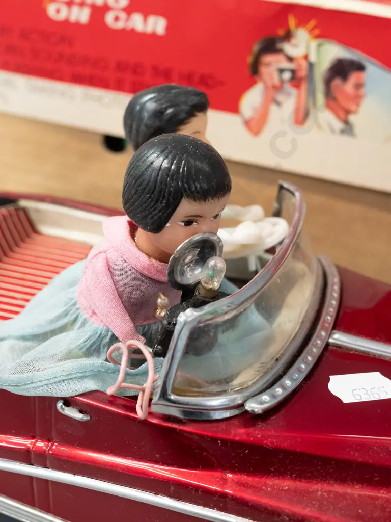 retro Chinese battery powered tin toy car with passengers, lights and sounds untested, but battery compartment is clean, Image 1++