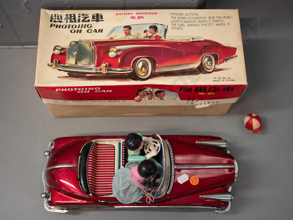 retro Chinese battery powered tin toy car with passengers, lights and sounds untested, but battery compartment is clean, Image 1++