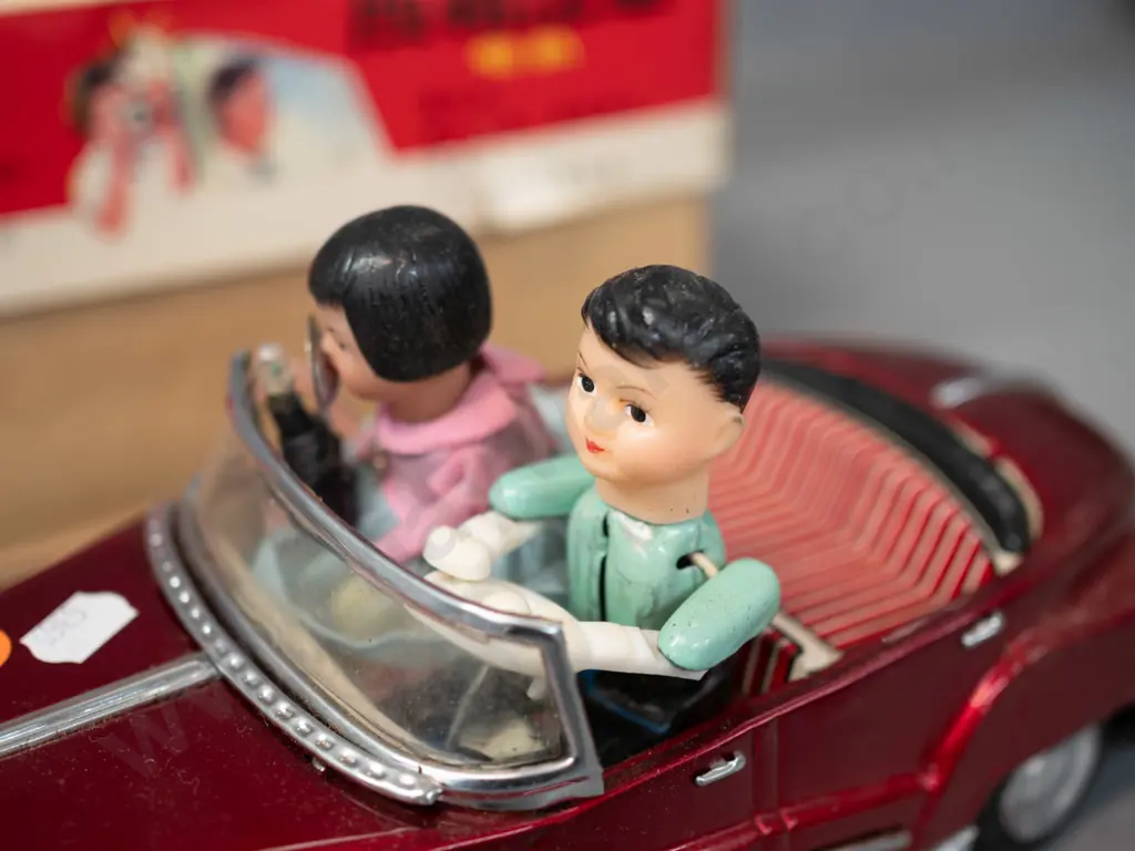 retro Chinese battery powered tin toy car with passengers, lights and sounds untested, but battery compartment is clean, Image 1++