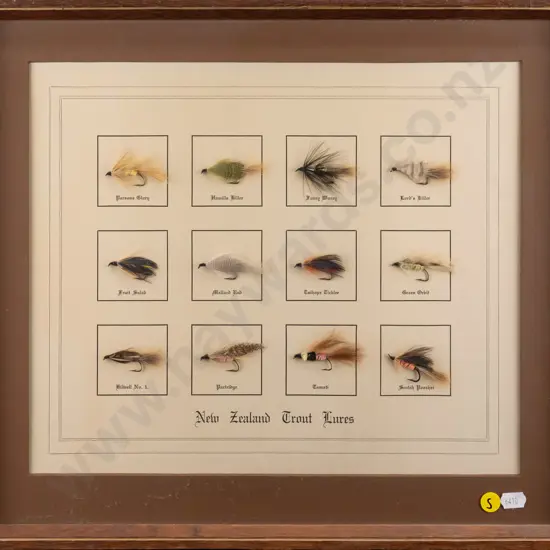 framed vintage New Zealand trout lures H240 W300
