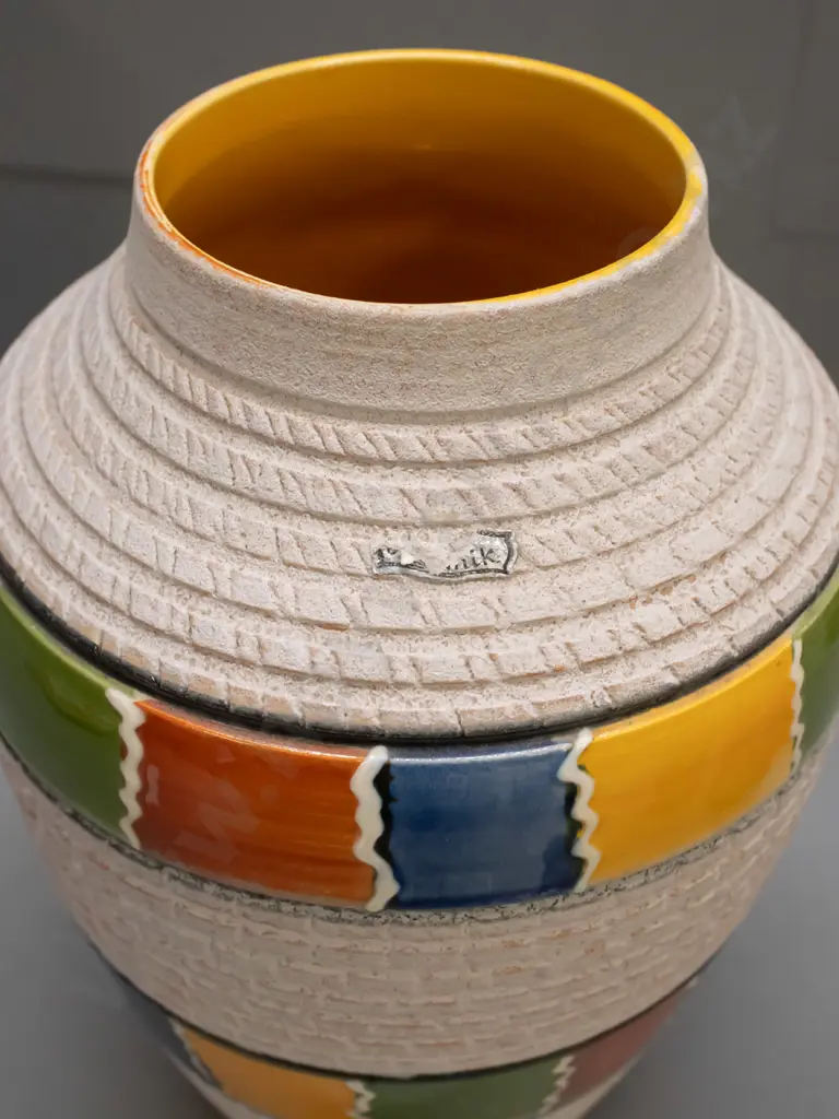 large German pottery vase with sgraffito patterns and multi coloured glazed bands, yellow interior H-310 D-220 Image 1++