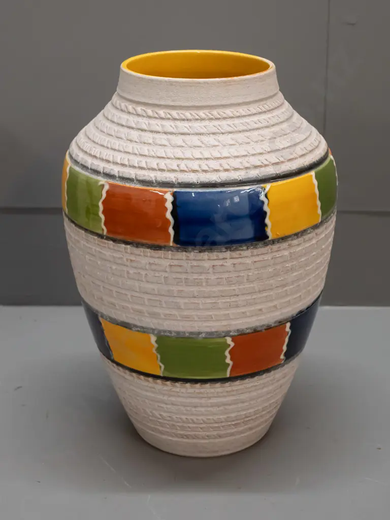 large German pottery vase with sgraffito patterns and multi coloured glazed bands, yellow interior H-310 D-220 Image 1++