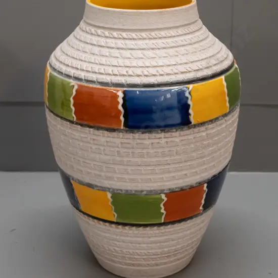 large German pottery vase with sgraffito patterns and multi coloured glazed bands, yellow interior H-310 D-220