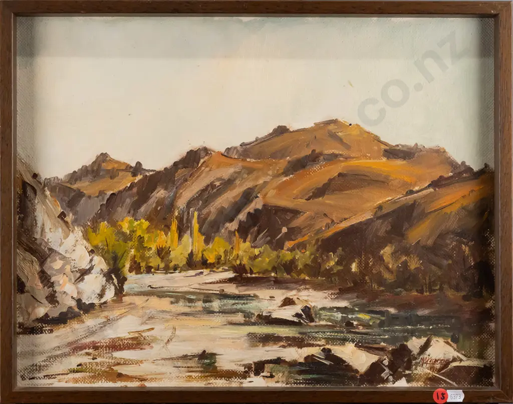 Charles D McKenzie 1984 - framed oil on board "Up The Arrow River, Macetown track, Central Otago" H350 W450 Image 1++
