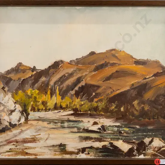 Charles D McKenzie 1984 - framed oil on board "Up The Arrow River, Macetown track, Central Otago" H350 W450