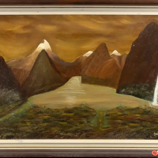 illegible signature - framed oil - Doubtful Sound H290 W450 (some aging to paint)