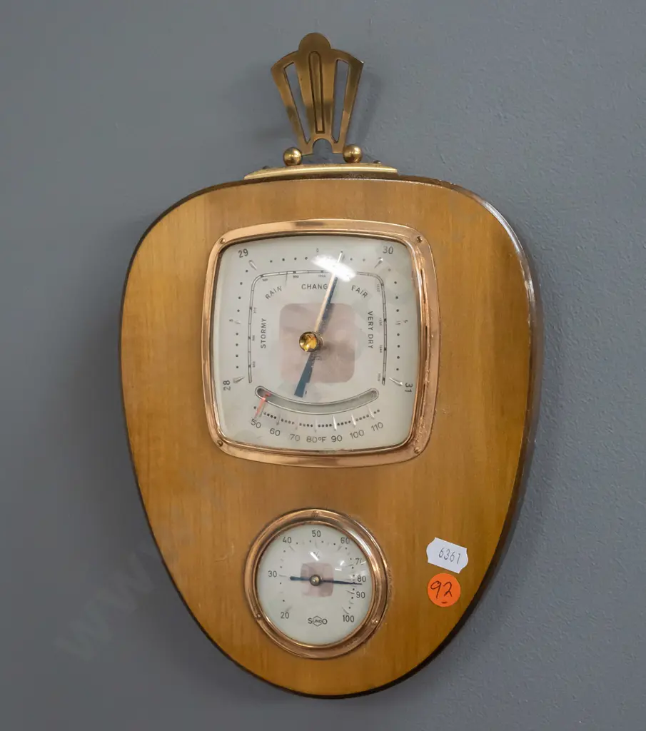 Sundo retro wood-cased wall barometer-thermometer with copper and brass coloured metal fittings - some crazing/chipping Image 1++
