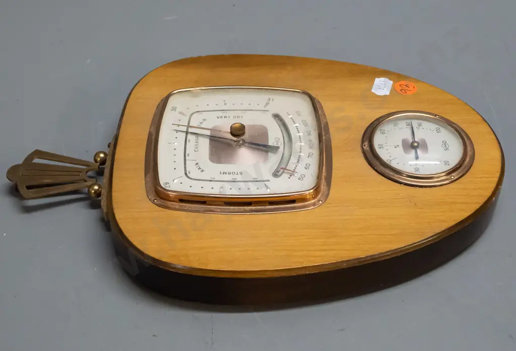 Sundo retro wood-cased wall barometer-thermometer with copper and brass coloured metal fittings - some crazing/chipping Image 1++