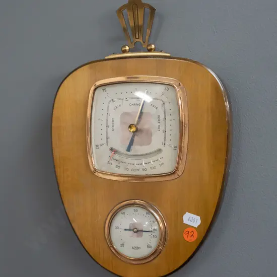 Sundo retro wood-cased wall barometer-thermometer with copper and brass coloured metal fittings - some crazing/chipping