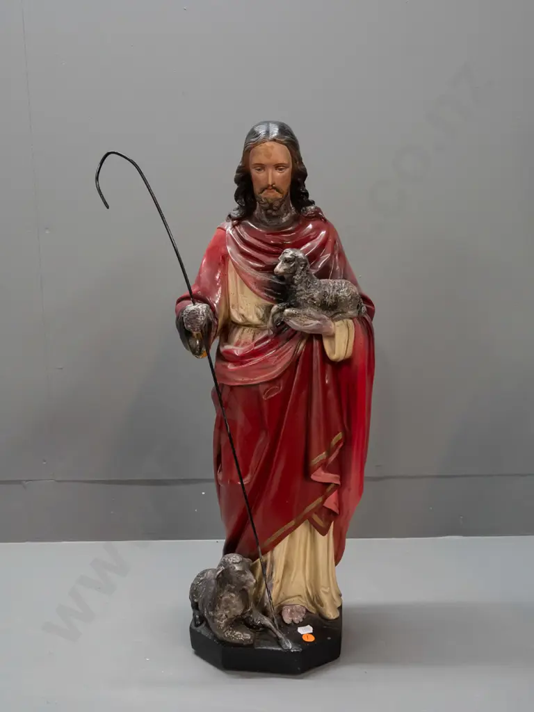 hand painted cast plaster figure of Jesus with shepherd's crook and lambs - has had repairs and paint touch ups, black Image 1++