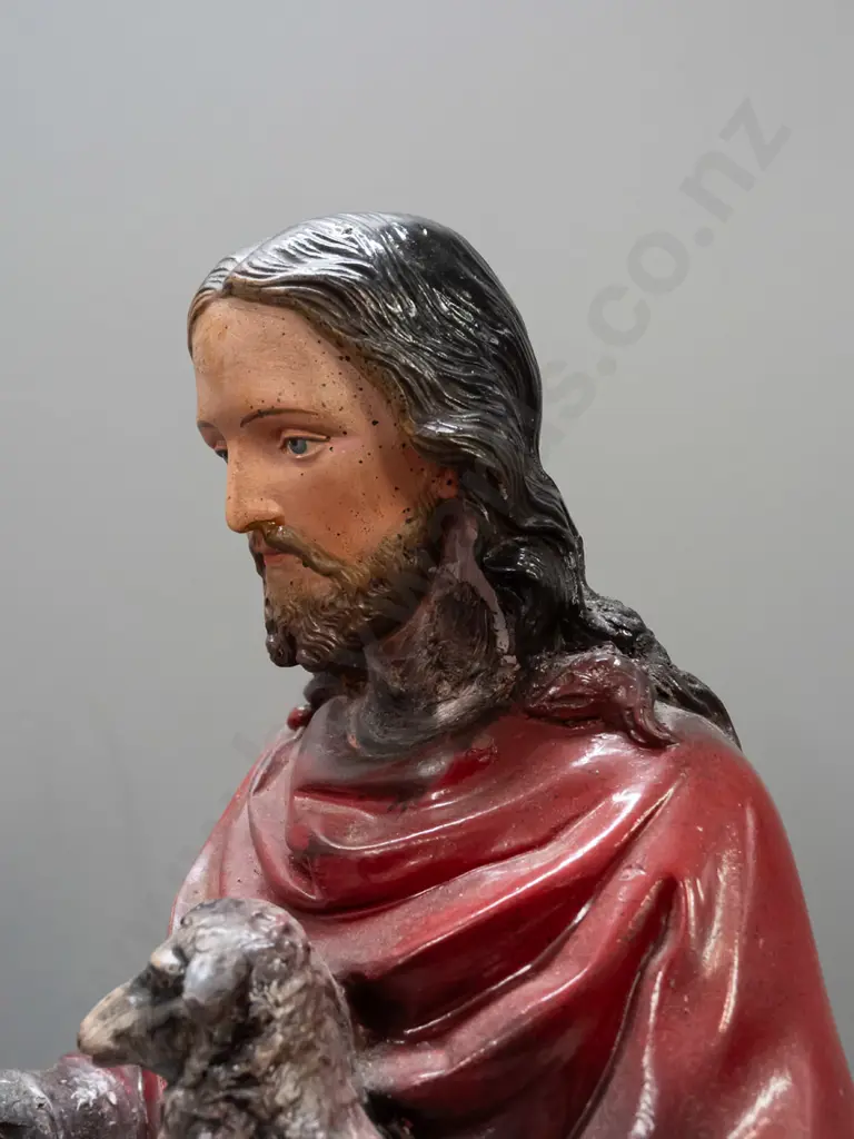hand painted cast plaster figure of Jesus with shepherd's crook and lambs - has had repairs and paint touch ups, black Image 1++