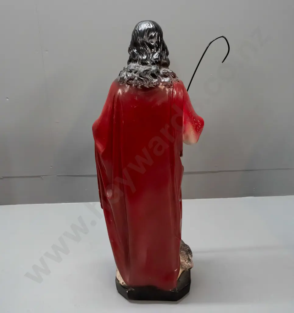 hand painted cast plaster figure of Jesus with shepherd's crook and lambs - has had repairs and paint touch ups, black Image 1++