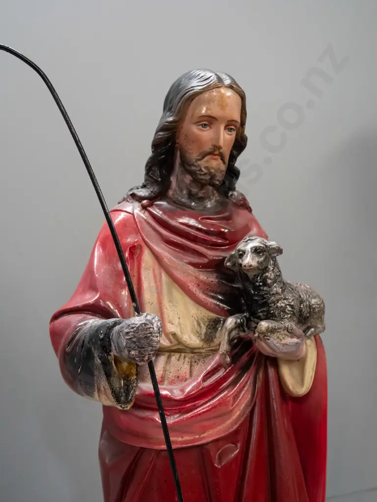 hand painted cast plaster figure of Jesus with shepherd's crook and lambs - has had repairs and paint touch ups, black Image 1++