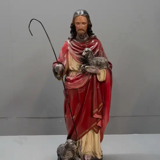 hand painted cast plaster figure of Jesus with shepherd's crook and lambs - has had repairs and paint touch ups, black