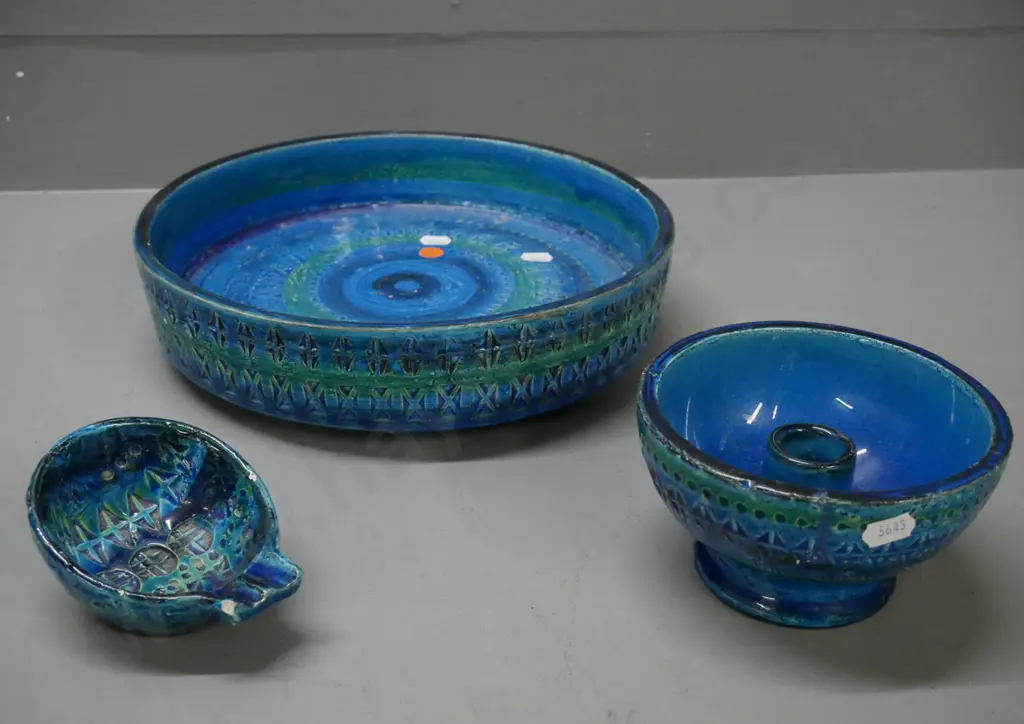3x Bitossi pieces: round-footed dish, fret chips to rim. Candleholder broken & repaired. Image 1++