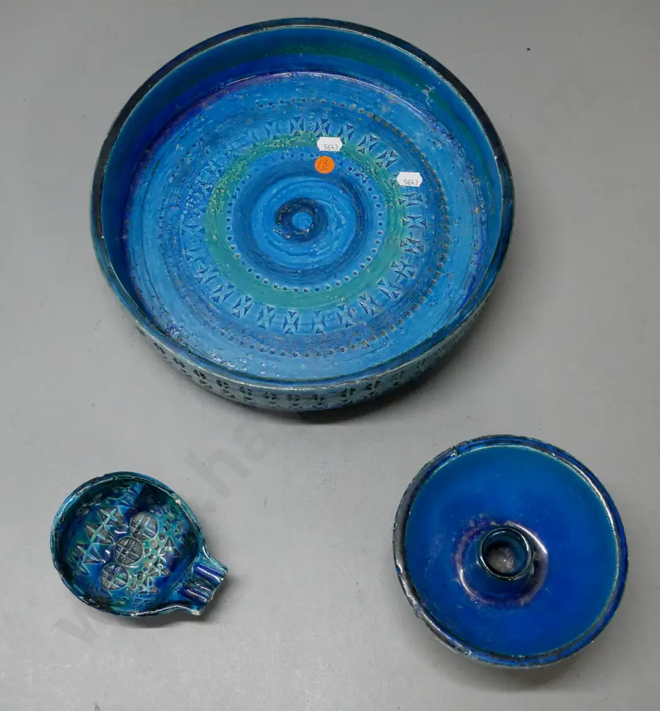 3x Bitossi pieces: round-footed dish, fret chips to rim. Candleholder broken & repaired. Image 1++