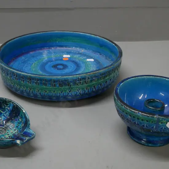 3x Bitossi pieces: round-footed dish, fret chips to rim. Candleholder broken & repaired.
