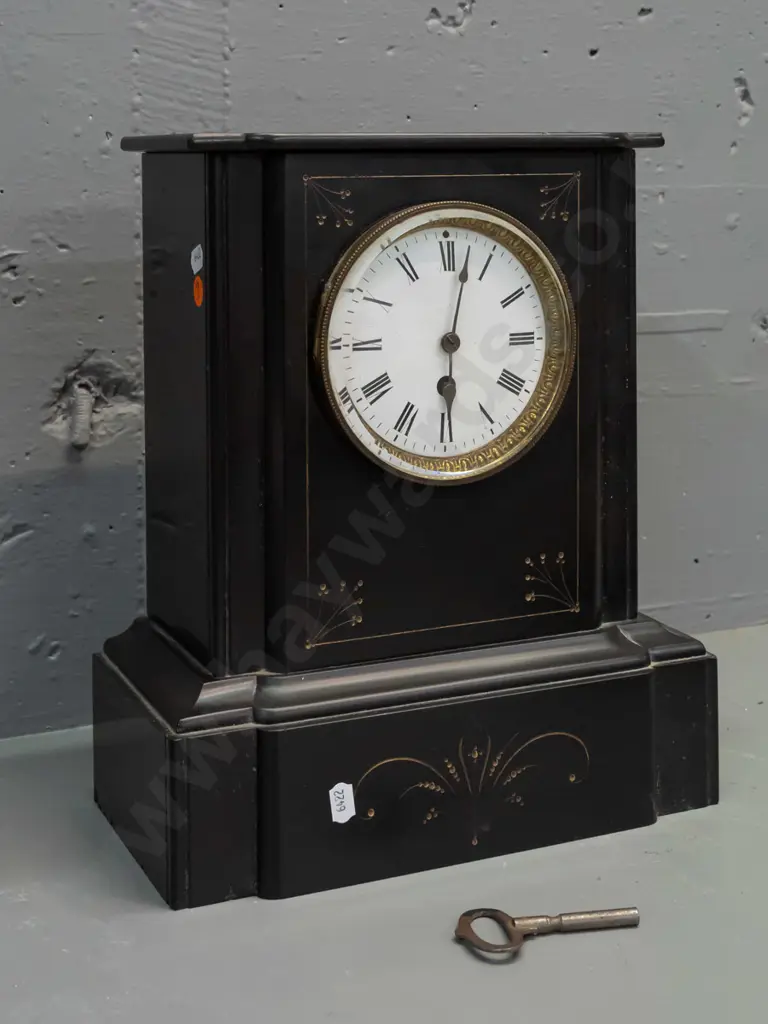 vintage mantel clock with Belgian black marble case, porcelain face, French movement. Scratch to the porcelain face, Image 1++