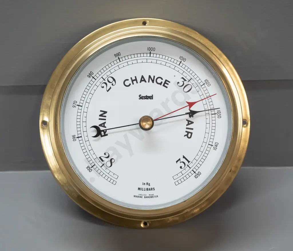 Sestrel brass-cased maritime style barometer - marked English Made Marine Barometer on face - some scratches & paint Image 1++