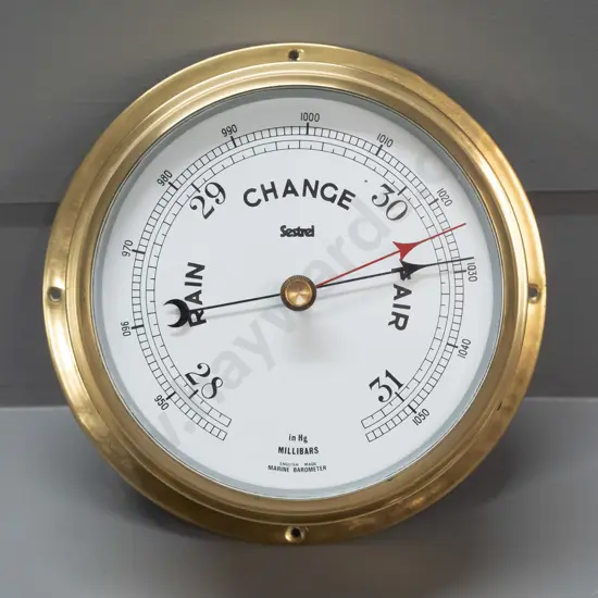 Sestrel brass-cased maritime style barometer - marked English Made Marine Barometer on face - some scratches & paint