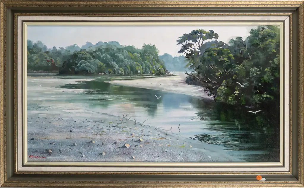 PG Hall - framed oil "Bathing Beach, Mlil Creek, Stewart Island" H360 W660 Image 1++