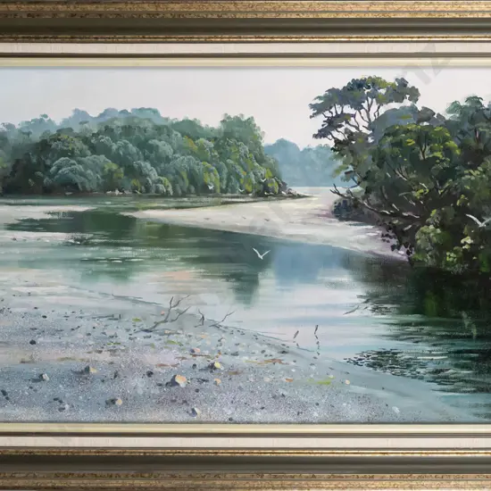 PG Hall - framed oil "Bathing Beach, Mlil Creek, Stewart Island" H360 W660