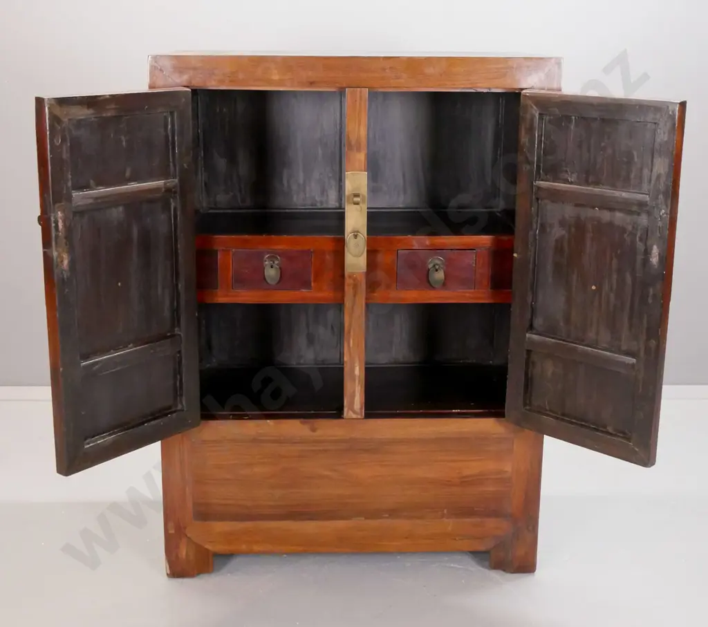 Chinese mixed timber 2-door cupboard with round brass hinges and lock plate, shelf and 2 drawers, lift out cover for Image 1++