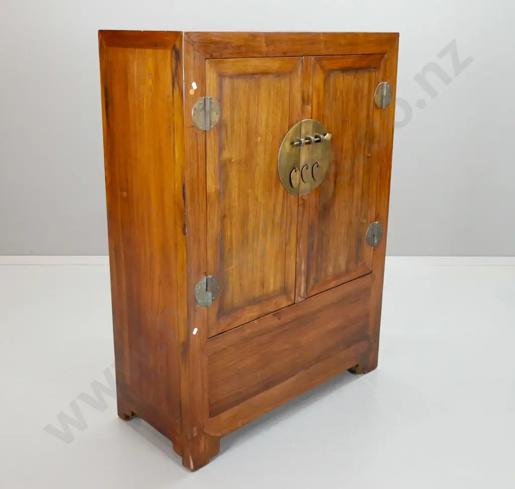 Chinese mixed timber 2-door cupboard with round brass hinges and lock plate, shelf and 2 drawers, lift out cover for Image 1++