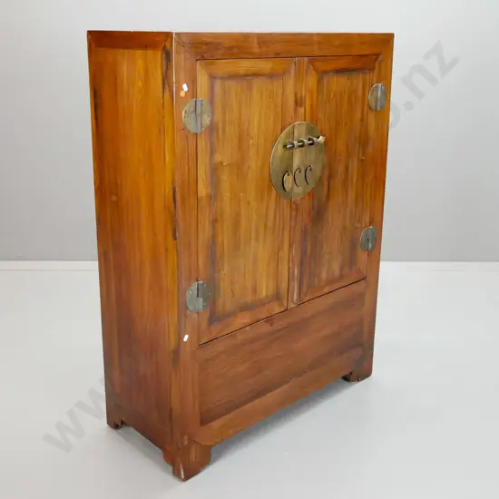 Chinese mixed timber 2-door cupboard with round brass hinges and lock plate, shelf and 2 drawers, lift out cover for