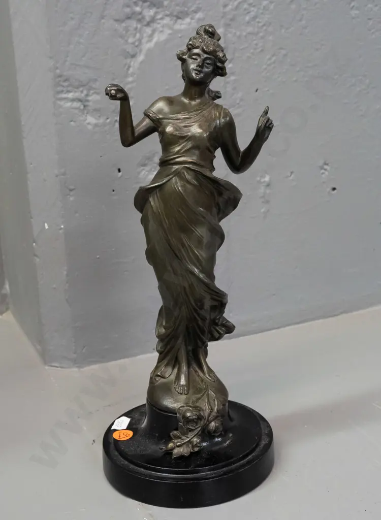 cast metal (spelter?) figure of a woman, on timber base - stand for a mystery clock. Hard to read signature impressed on Image 1++