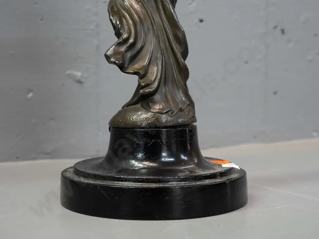 cast metal (spelter?) figure of a woman, on timber base - stand for a mystery clock. Hard to read signature impressed on Image 1++