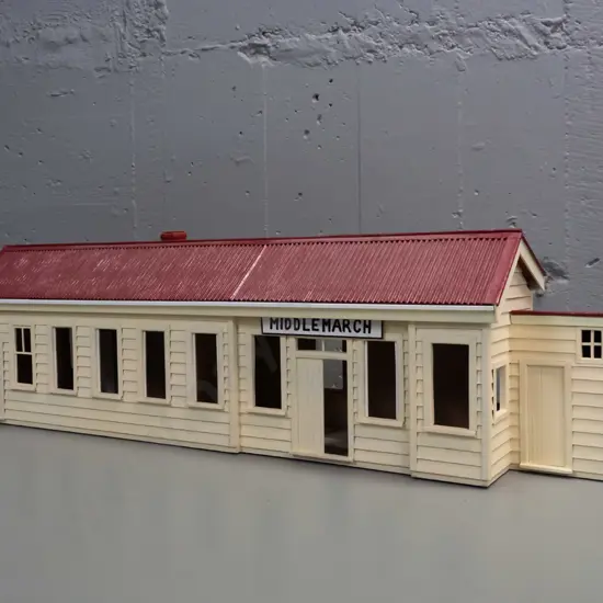 large detailed timber model of the Middlemarch Railway Station - removable roof, hand painted signage