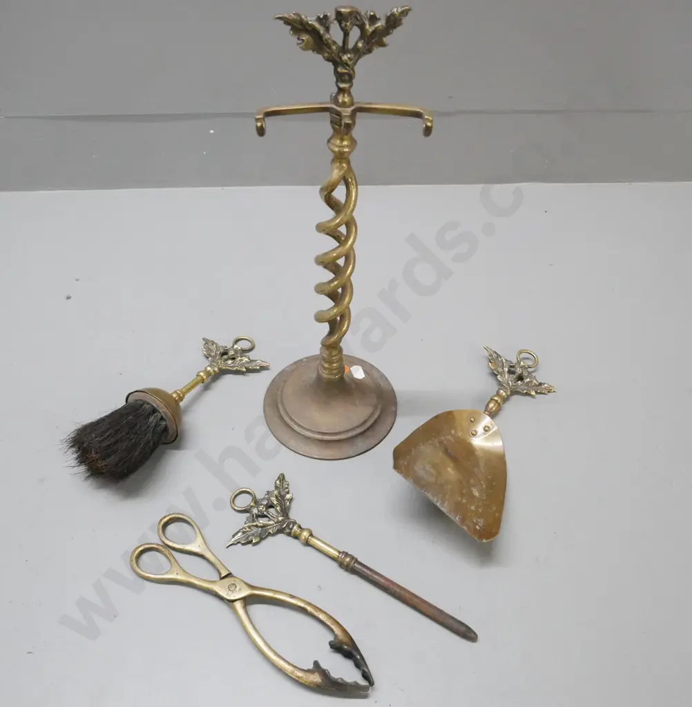 vintage brass fireside set with open twist support, holding poker shovel brush & tongs, w/ scotch thistle decoration Image 1++