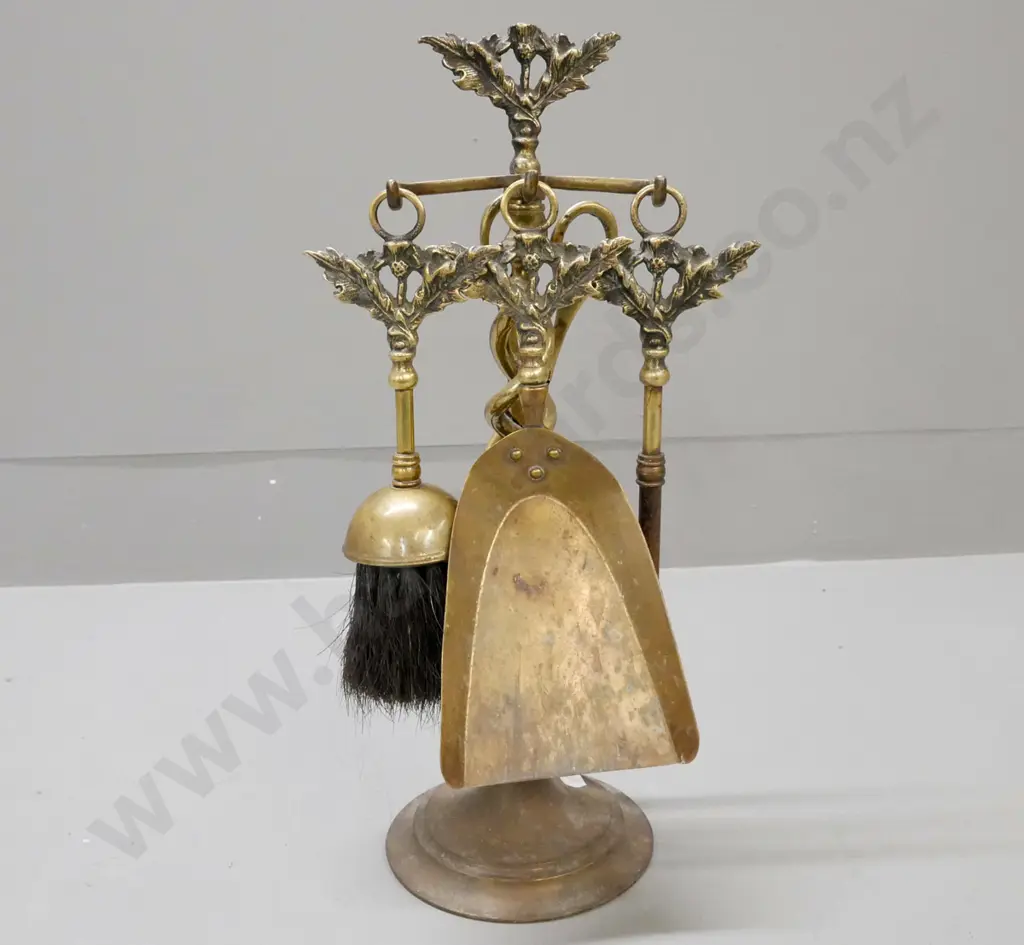 vintage brass fireside set with open twist support, holding poker shovel brush & tongs, w/ scotch thistle decoration Image 1++