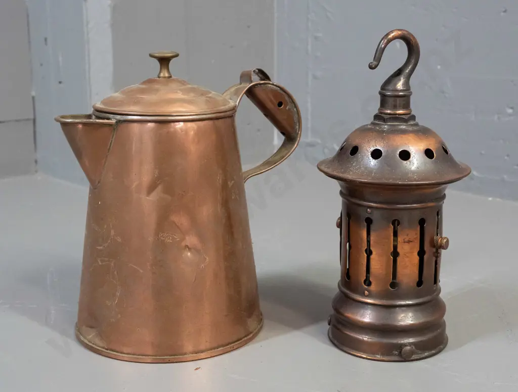 2 copper items - jug marked Lawden & Poole Birmingham and hanging light fitting, no shade, has adjustable Image 1++