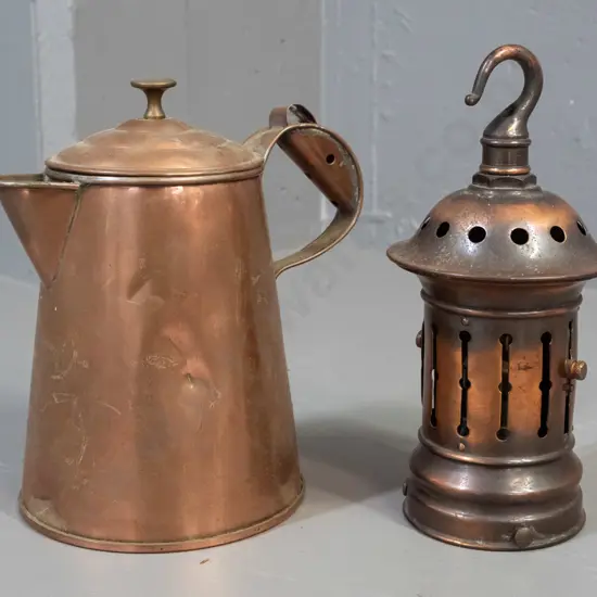 2 copper items - jug marked Lawden & Poole Birmingham and hanging light fitting, no shade, has adjustable