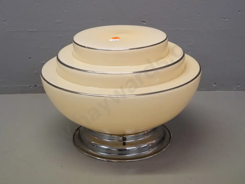 deco glass ceiling light shade with journal - ivory colour with silver pin-striping, some loss to finish and a few chips Image 1++