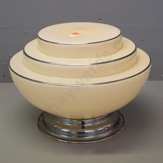 deco glass ceiling light shade with journal - ivory colour with silver pin-striping, some loss to finish and a few chips