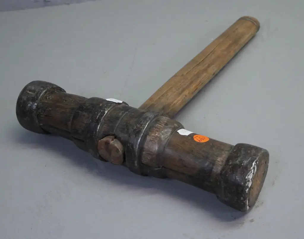 vintage hardwood double-headed mallet w/ cast metal binding. Split to handle w/ wire-bound repair. L-380 W-260 Image 1++