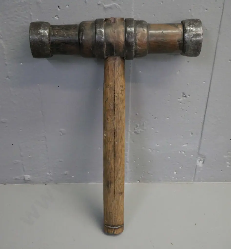 vintage hardwood double-headed mallet w/ cast metal binding. Split to handle w/ wire-bound repair. L-380 W-260 Image 1++