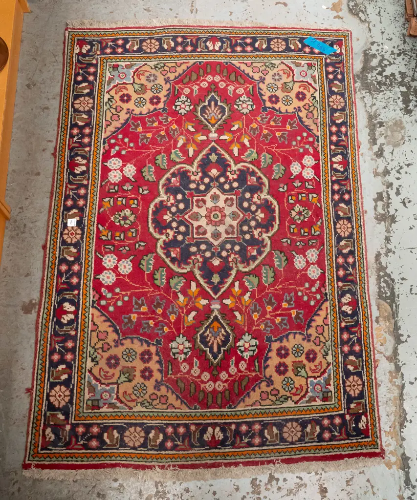 hand knotted wool tribal pattern multi coloured floor rug - wear to fringe, fraying to edging, some fading L-1520 W-960 Image 1++