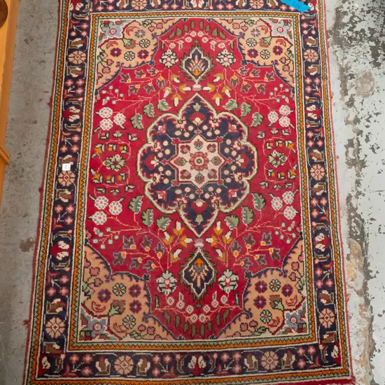 hand knotted wool tribal pattern multi coloured floor rug - wear to fringe, fraying to edging, some fading L-1520 W-960