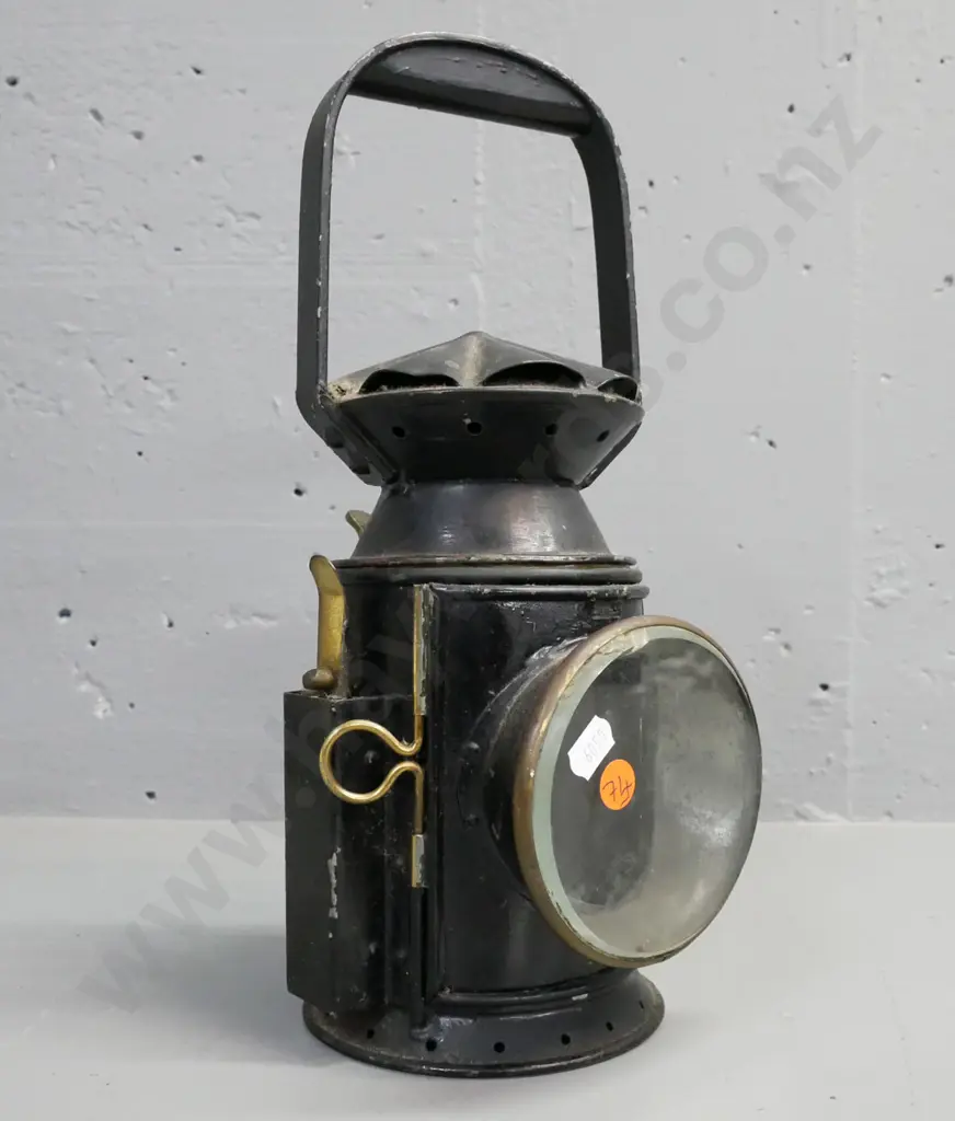 vintage brass & metal Lantern. Clear glass bezel outside. Door opens to reveal red glass reflector inside. H-340 D-160 Image 1++