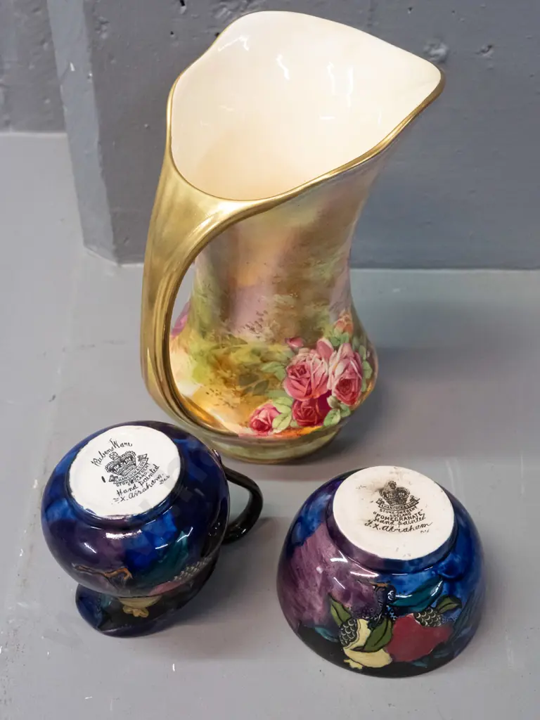 Royal Winton Grimwades gilt & floral jug H-200 and Rubens Ware "Pomegranate" cream & sugar, marked FX Abraham on base. Image 1++
