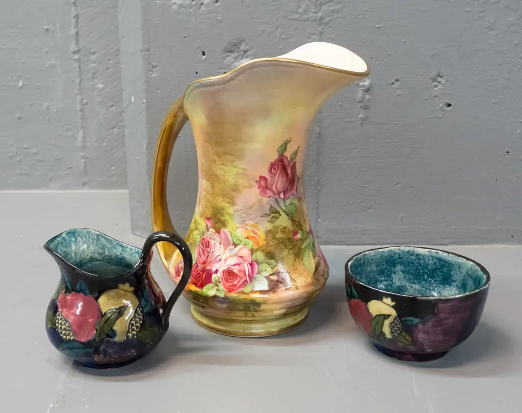 Royal Winton Grimwades gilt & floral jug H-200 and Rubens Ware "Pomegranate" cream & sugar, marked FX Abraham on base. Image 1++