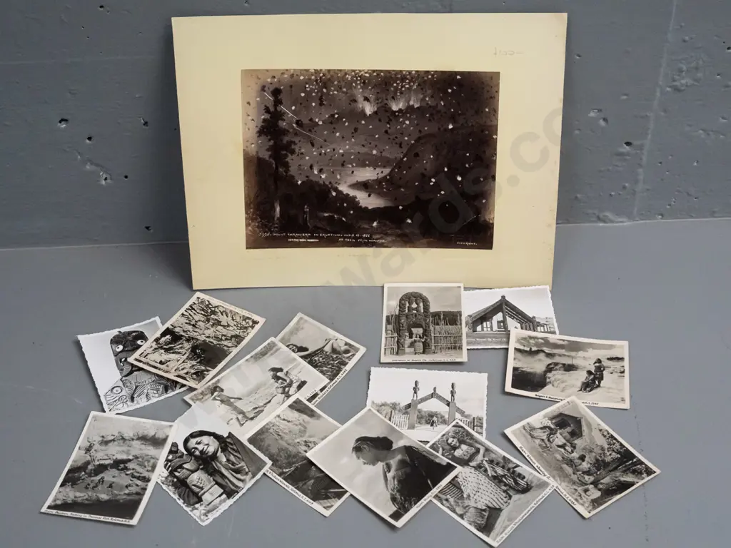 14 small souvenir photos with Maori and Northland subjects and a double sided card with 2 Burton Brothers photos, Mount Image 1++