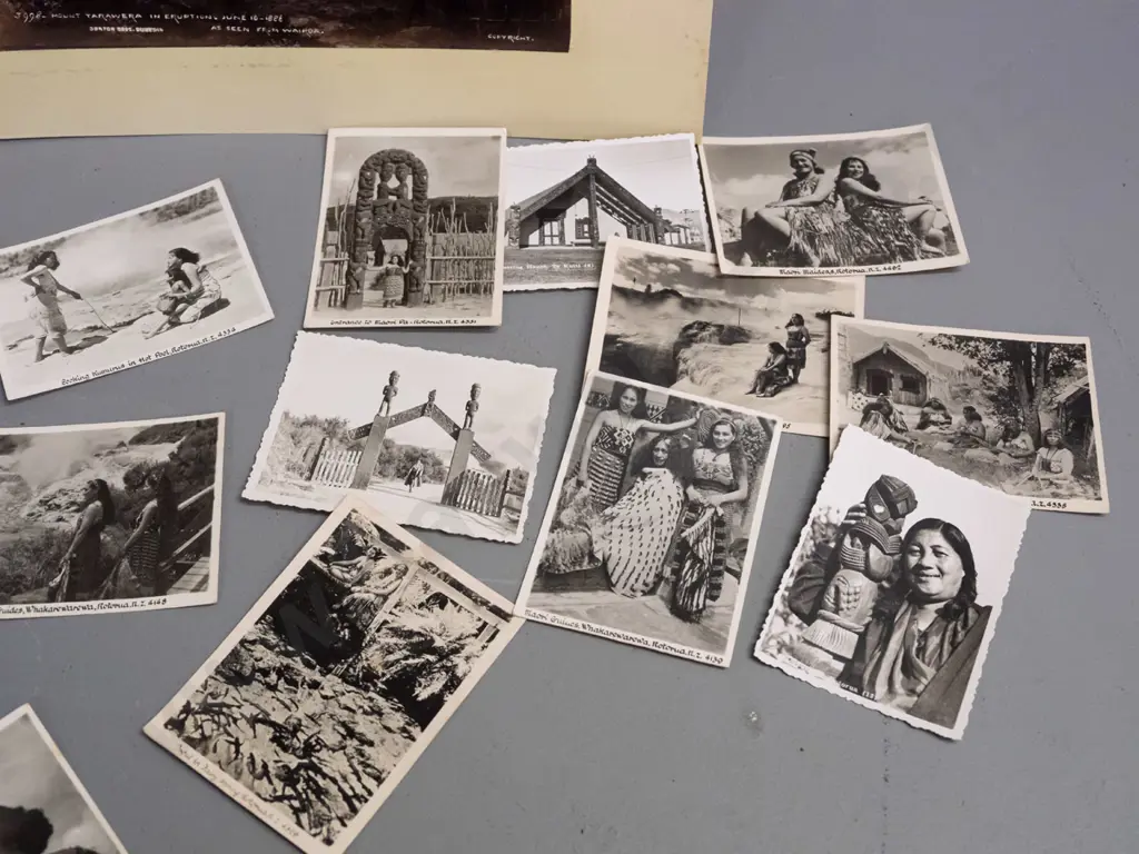 14 small souvenir photos with Maori and Northland subjects and a double sided card with 2 Burton Brothers photos, Mount Image 1++