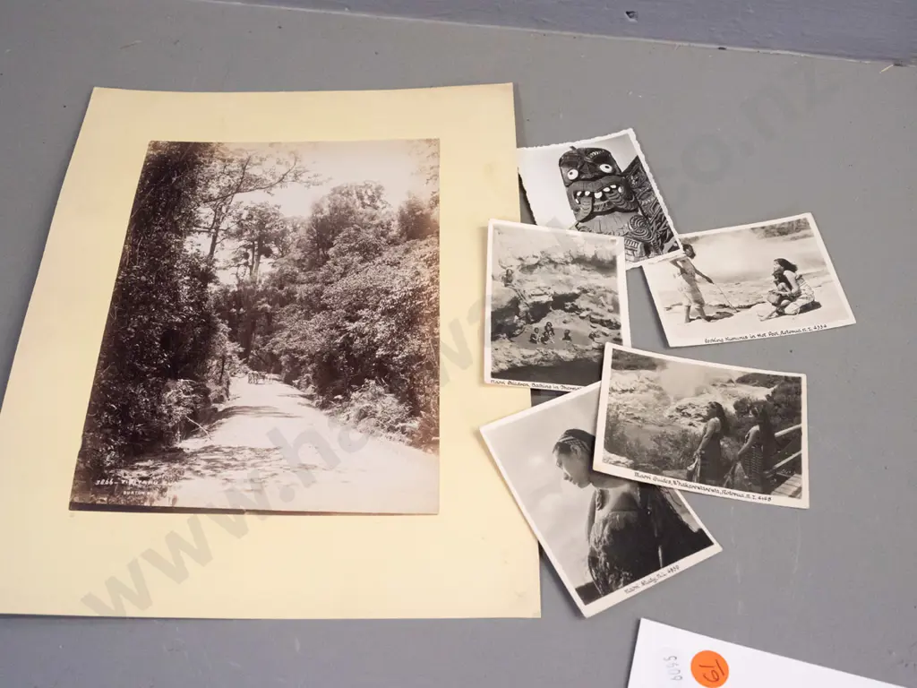 14 small souvenir photos with Maori and Northland subjects and a double sided card with 2 Burton Brothers photos, Mount Image 1++